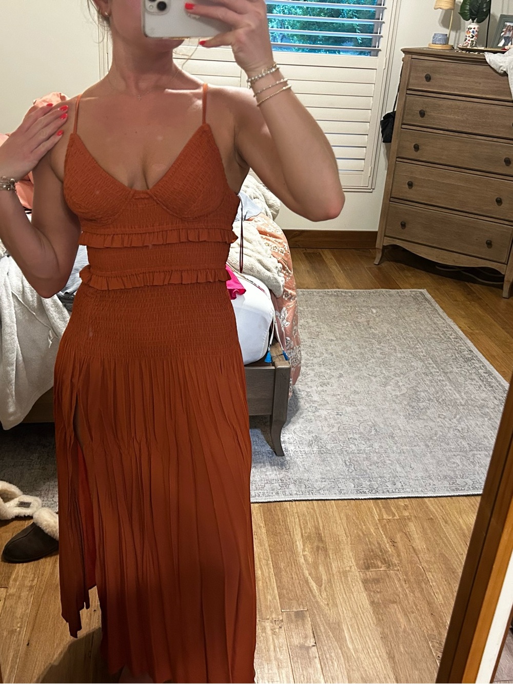 Lux Rust Smocked Maxi Dress with Ruffle Trim